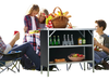 Folding camping table with 2-tier shelves, made of aluminum, ideal for outdoor BBQs and picnics, shown in use.