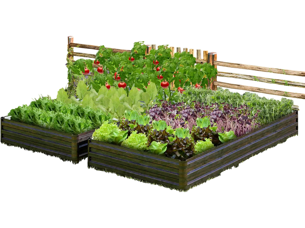 Large outdoor metal planter box with vegetables and herbs, made of rustproof powder-coated metal for durable gardening.