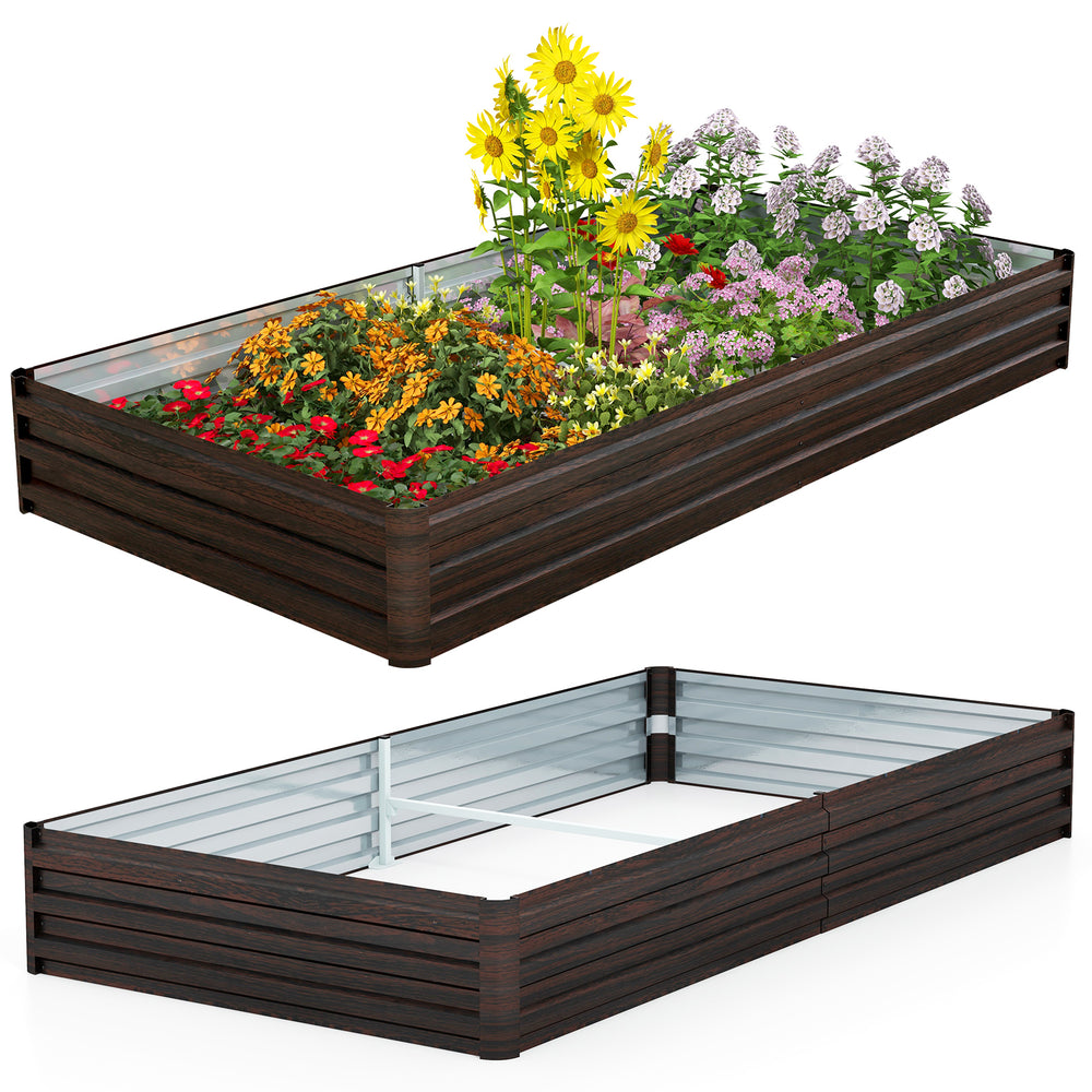 Large outdoor metal planter box in coffee color, designed for growing vegetables, herbs, and flowers with sturdy.