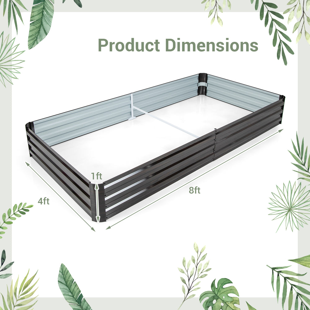 Large outdoor metal planter box measuring 8ft x 4ft x 1ft, ideal for growing vegetables, herbs, and flowers.