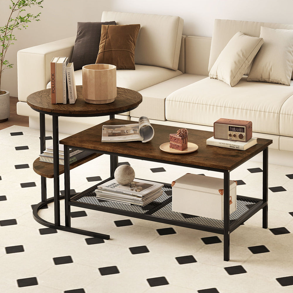 Rustic brown 2-tier coffee table with round and rectangle tops, featuring mesh shelves for storage in a modern living.