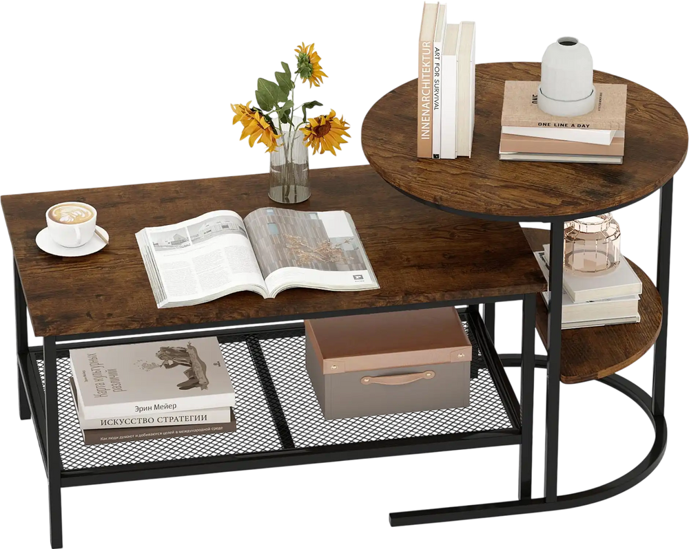 Rustic brown 2-tier coffee table with round and rectangle tops, featuring mesh shelf for storage in modern living.