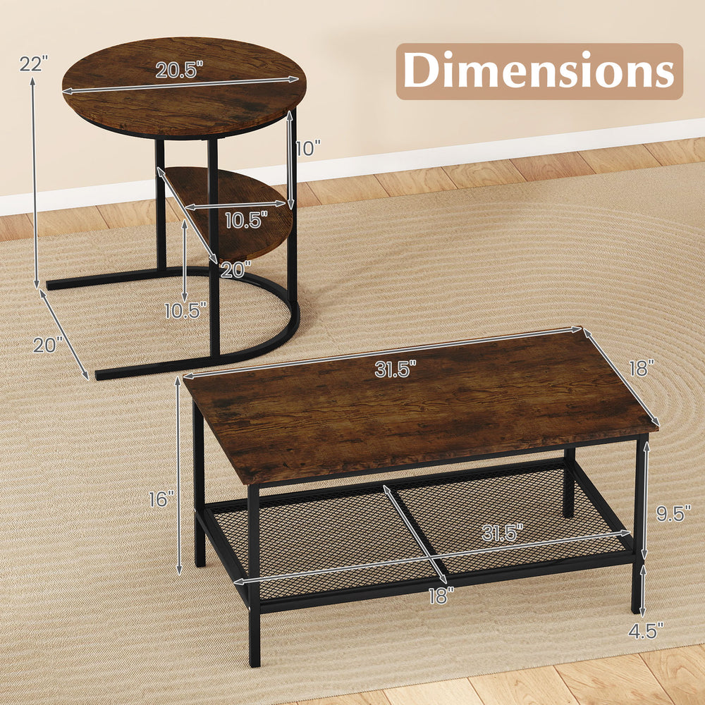 Dimensions of the rustic brown 2-tier rectangle coffee table and side end table with storage shelves.