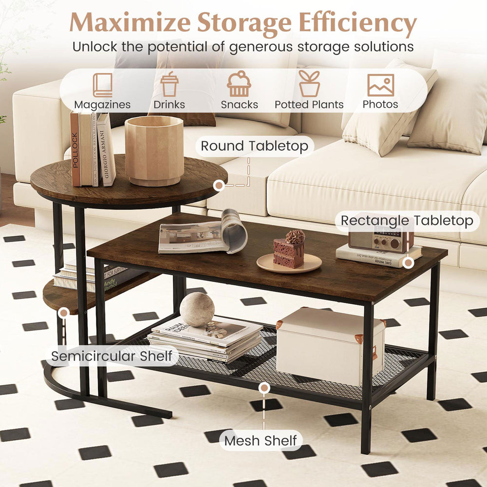 2-tier rustic brown coffee table with round and rectangle tabletops, featuring semicircular and mesh shelves for.