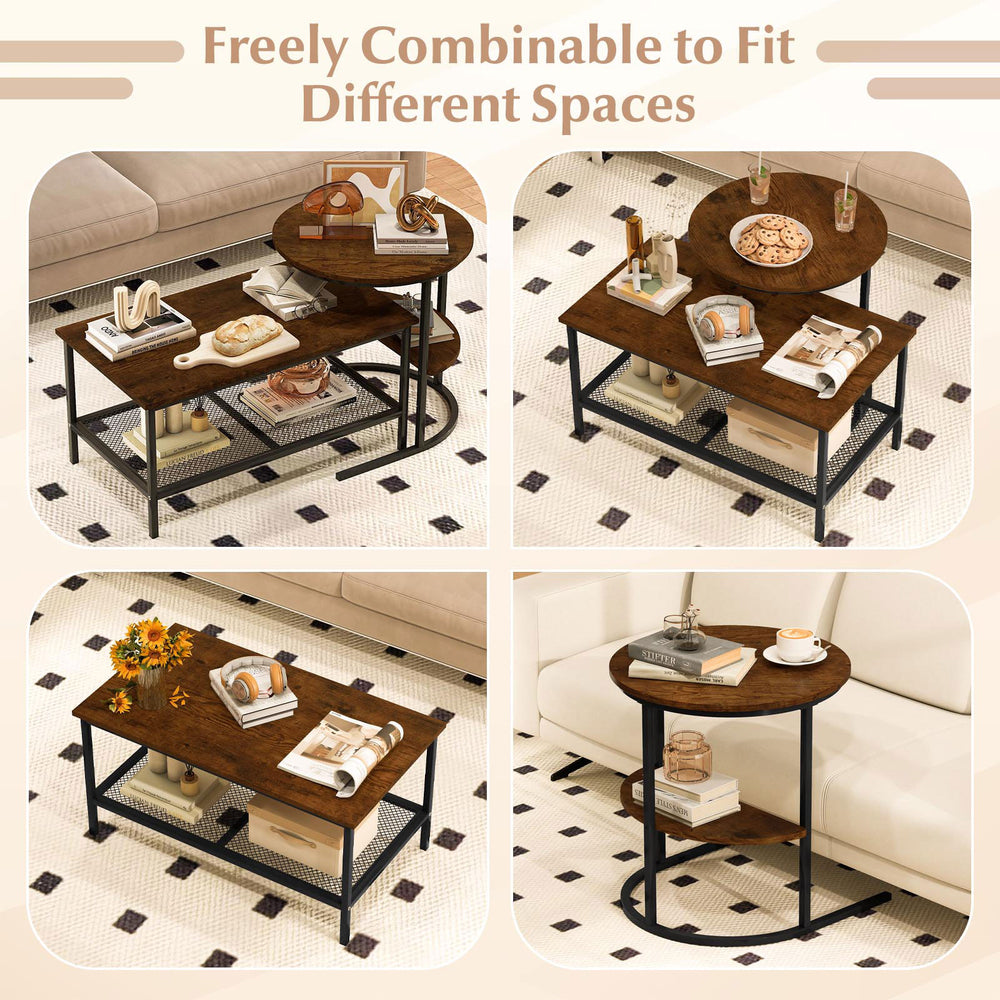 Rustic brown 2-tier coffee table set with round and rectangle tops, featuring storage shelves for versatile placement.
