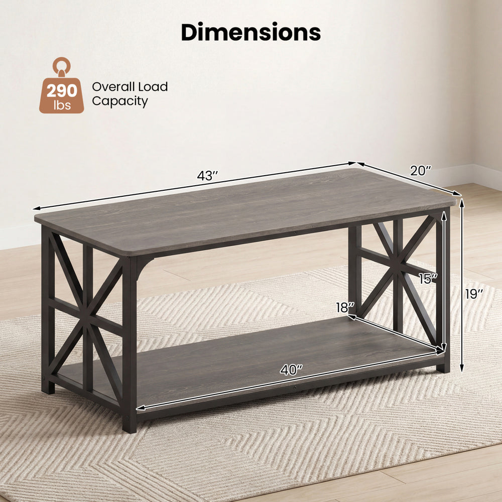 2-tier coffee table in rustic brown oak with x-shaped metal accents, dimensions shown for easy assembly and.