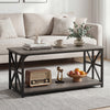 2-tier oak coffee table with storage shelf, featuring a carbon steel frame and farmhouse style, perfect for living room.