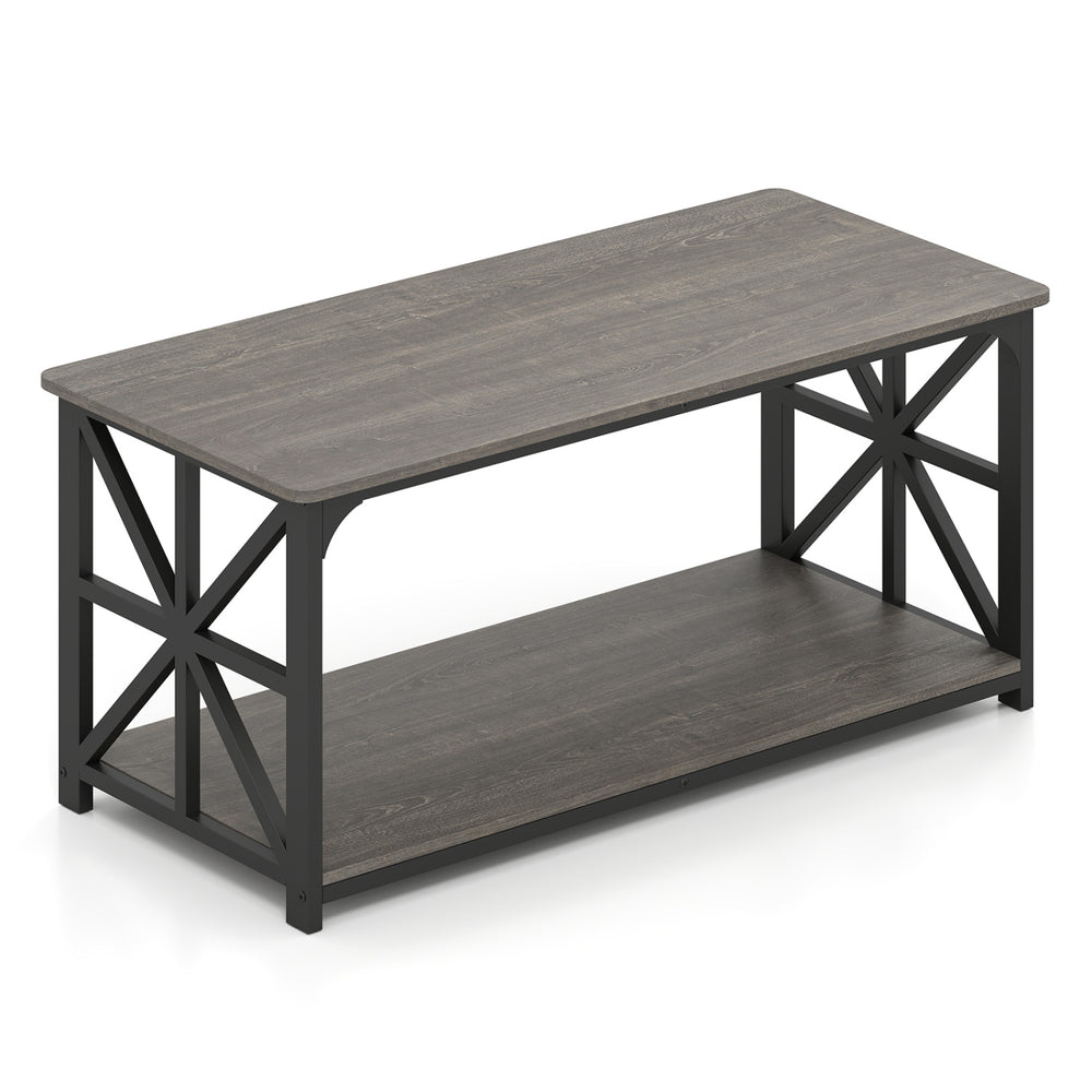 2-tier coffee table in rustic brown oak with x-shaped metal accents and sturdy carbon steel structure for enhanced.