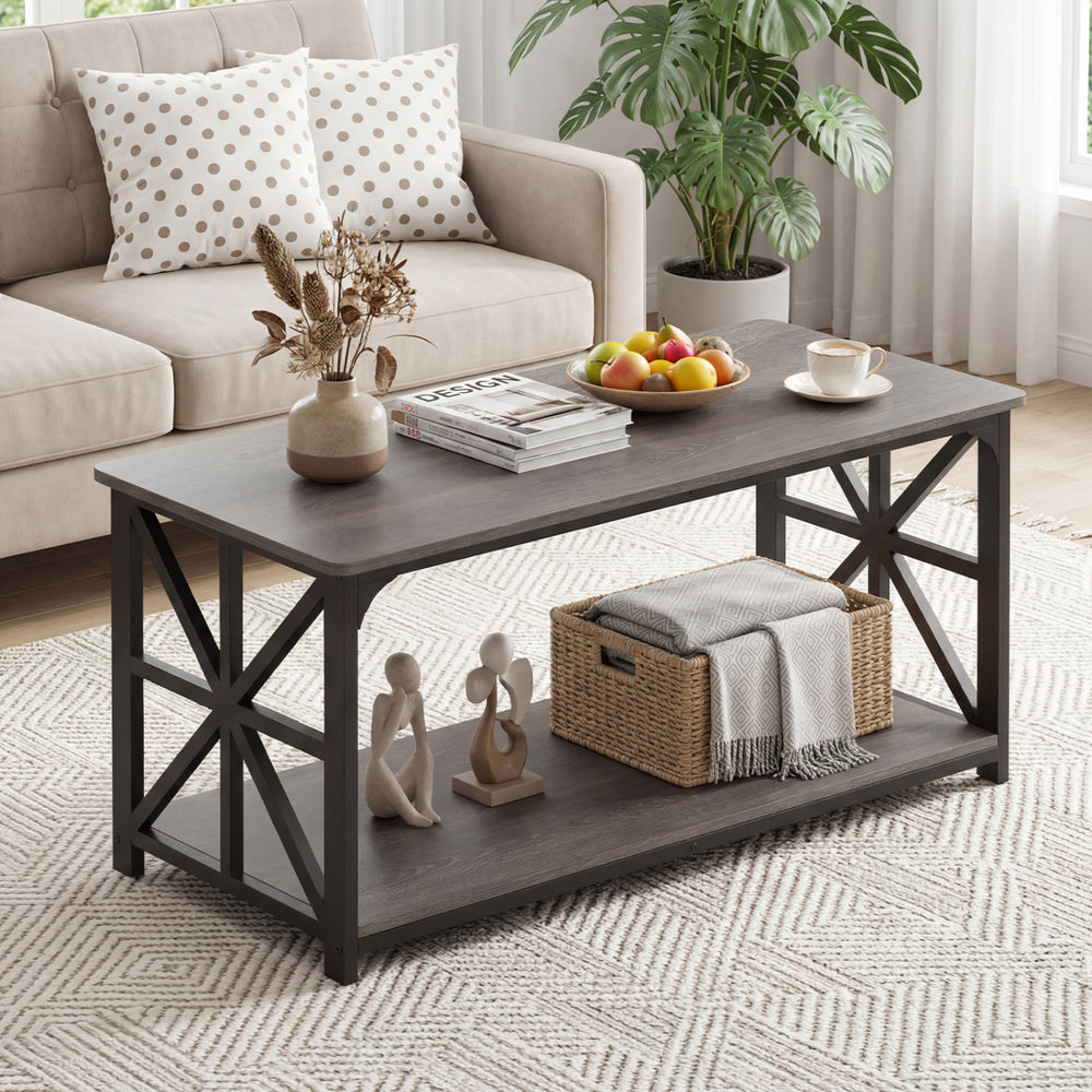 Coffee table with 2-tier storage shelf in rustic brown oak, featuring x-shaped metal accents for farmhouse style.