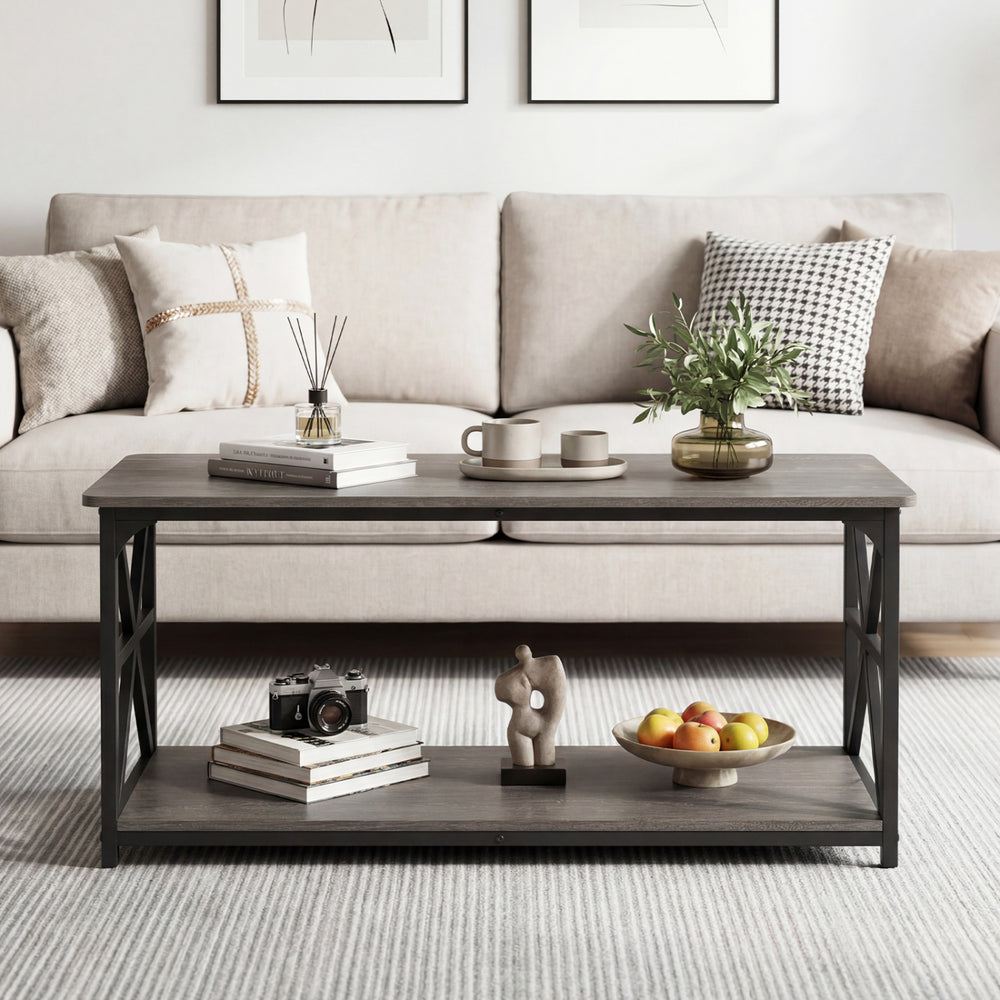 Coffee table with a sturdy carbon steel frame in rustic brown oak, showcasing a stylish 2-tier design for organized.