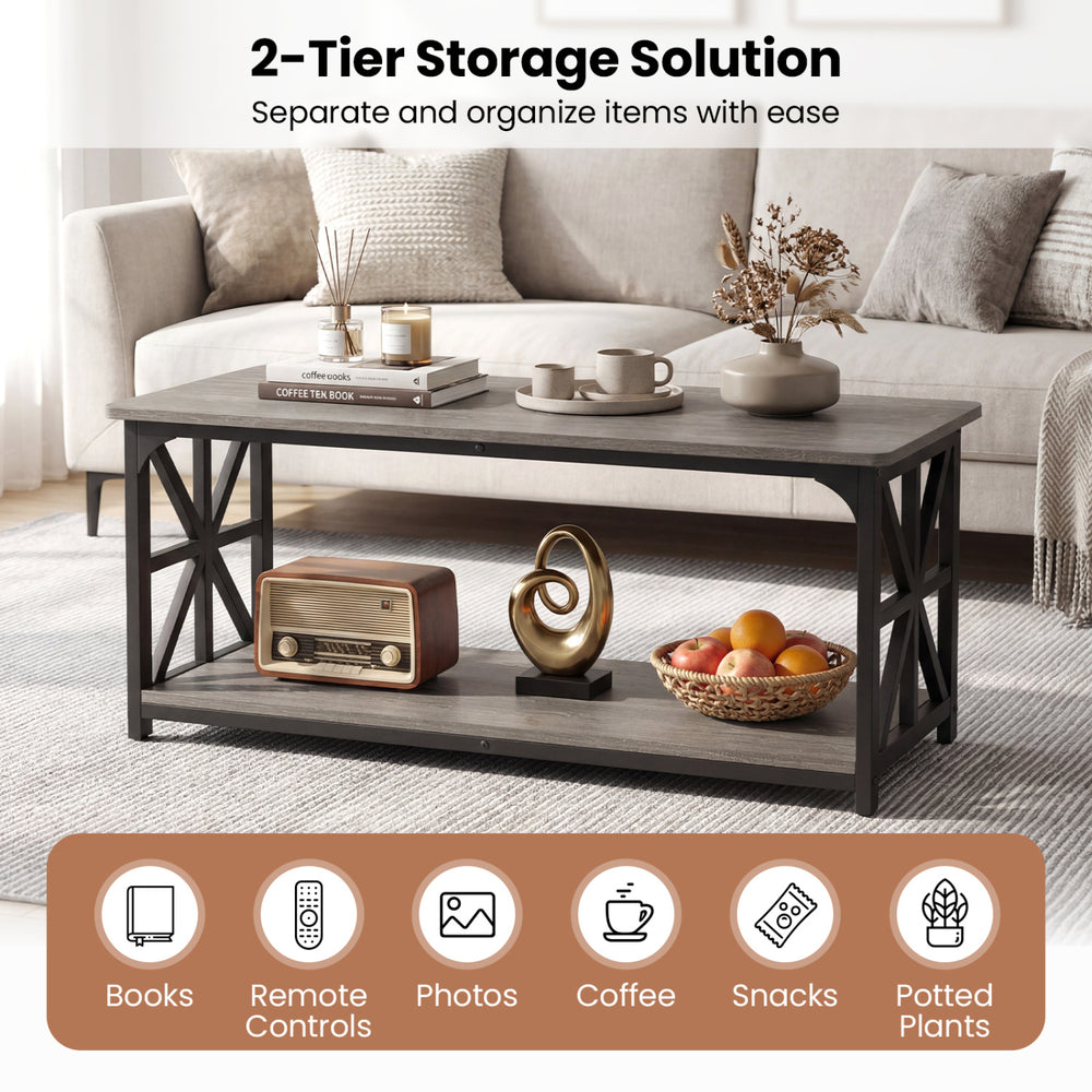 2-tier coffee table in rustic brown oak with rounded corners and easy-to-clean surface, ideal for living room.