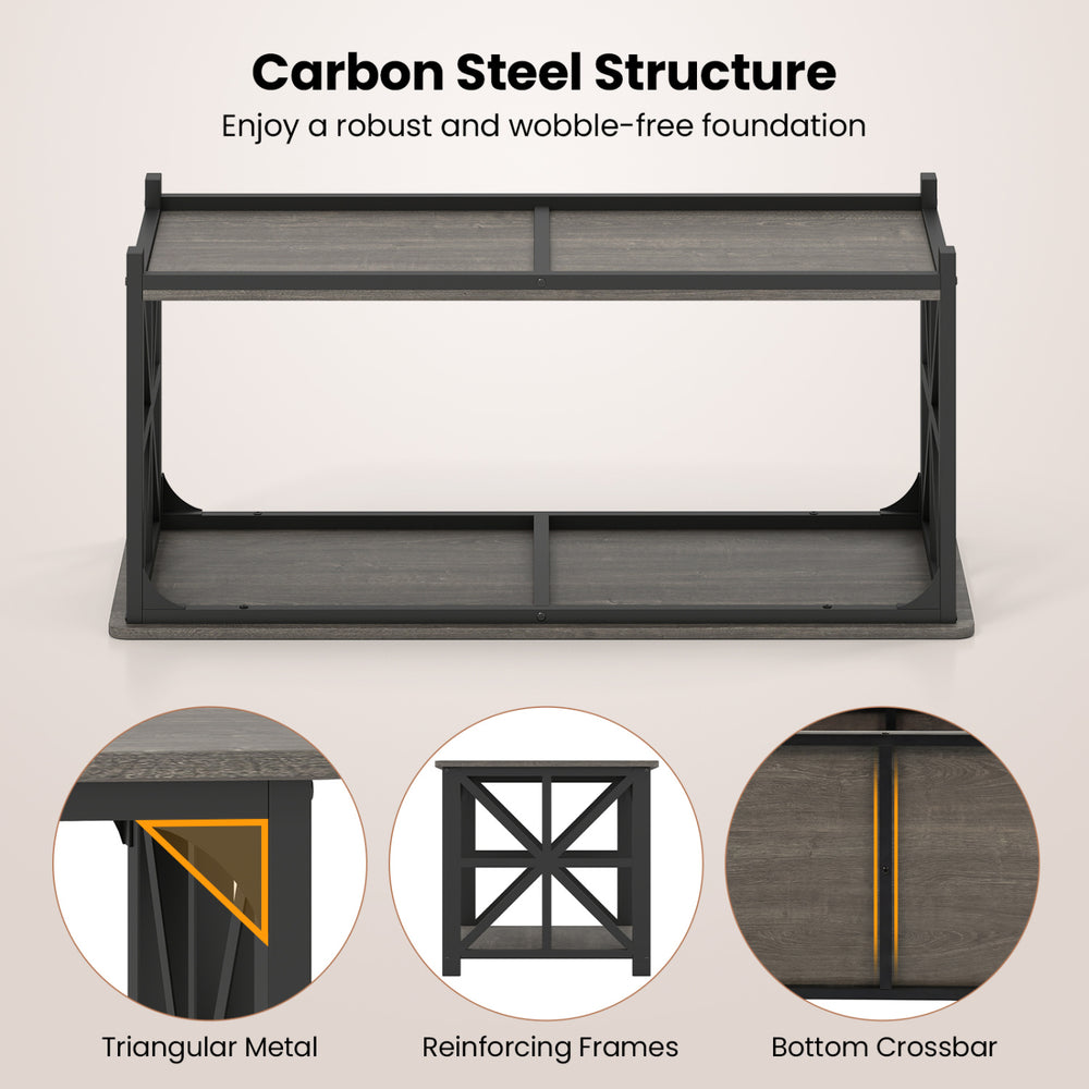 2-tier coffee table in rustic brown oak with carbon steel structure and triangular metal accents for enhanced stability.