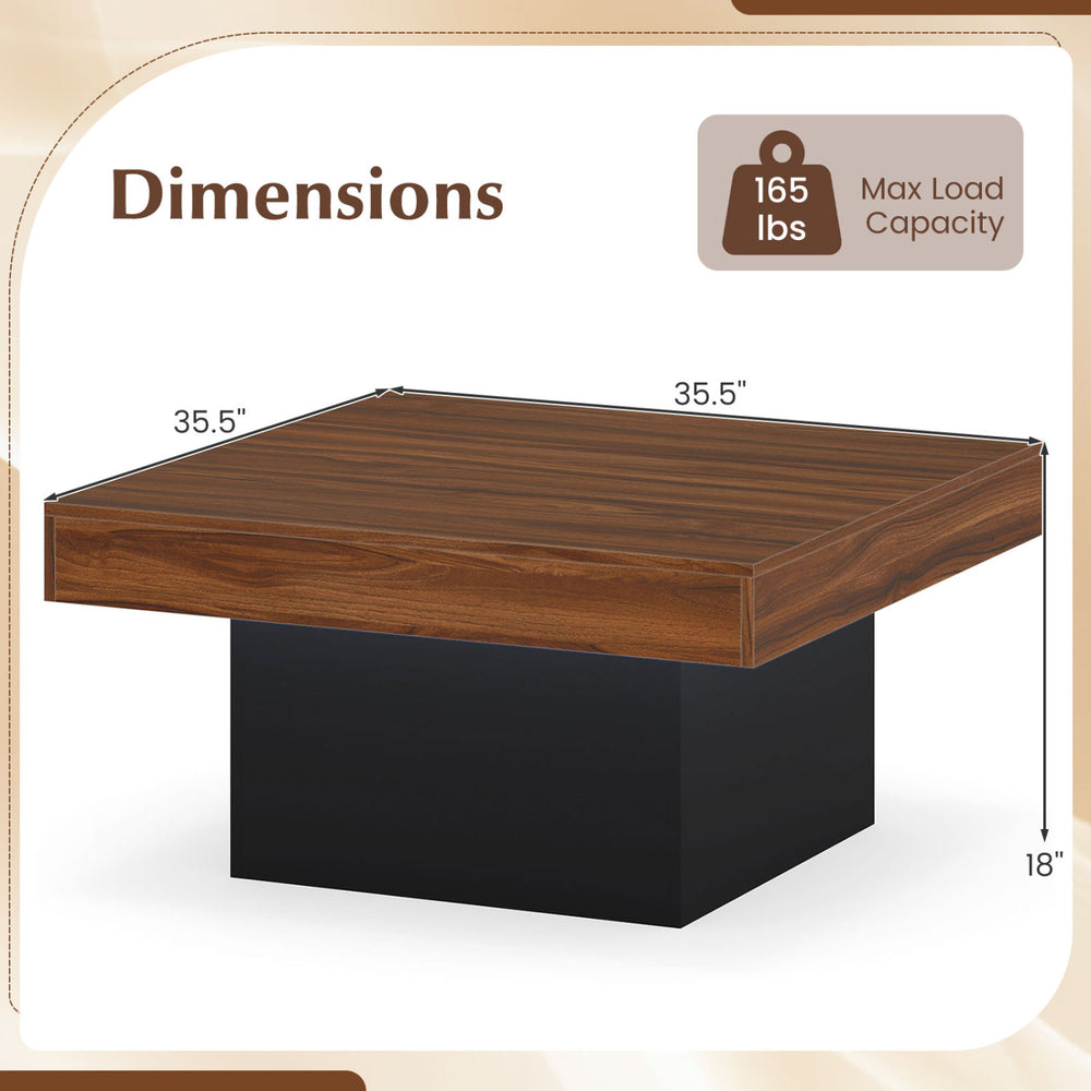 Dimensions of the rustic brown coffee table accent table with LED lights, measuring 35.5" x 35.5" x 18". Max load 165.