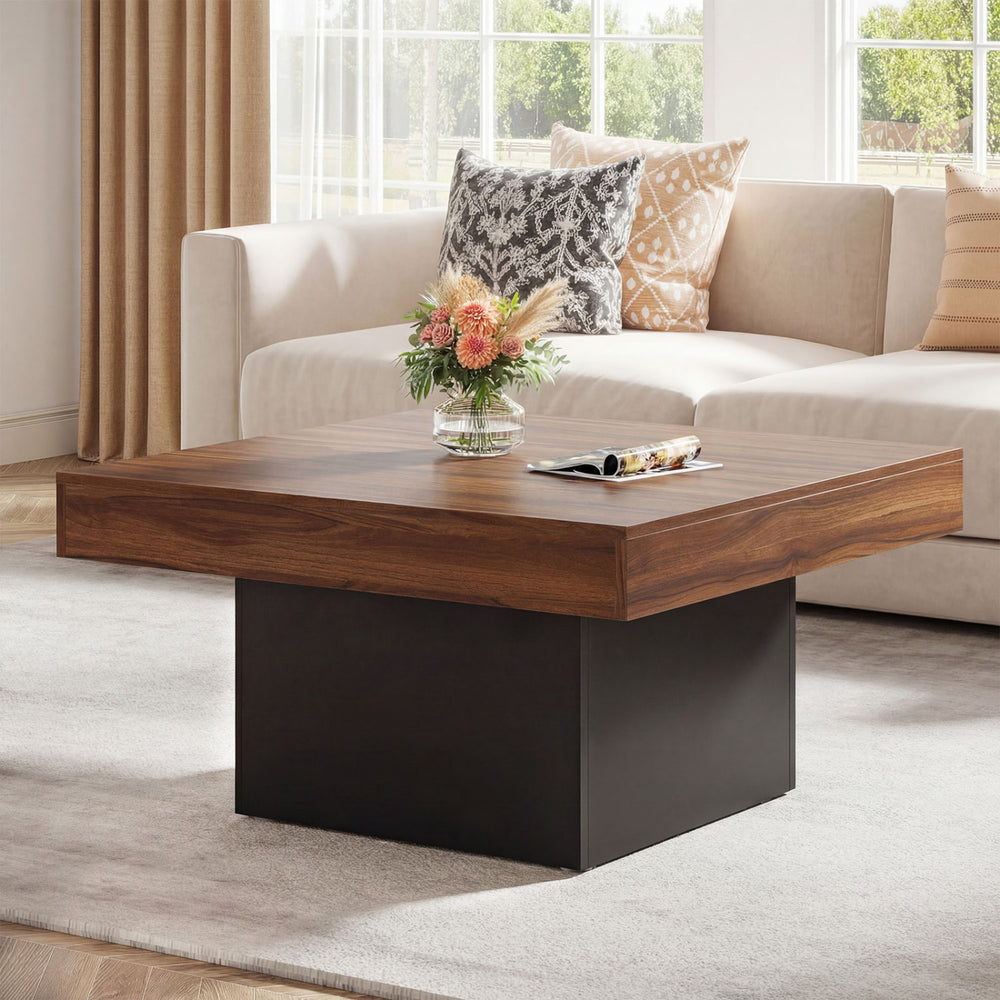 Rustic brown coffee table with LED lights, spacious surface, and modern design, perfect for stylish living rooms.