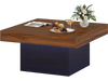 Square coffee table in rustic brown with LED lights, featuring a spacious surface for storage and remote control.