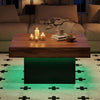 Coffee table in rustic brown with LED lights, featuring a sleek design and ample storage for books and decor.