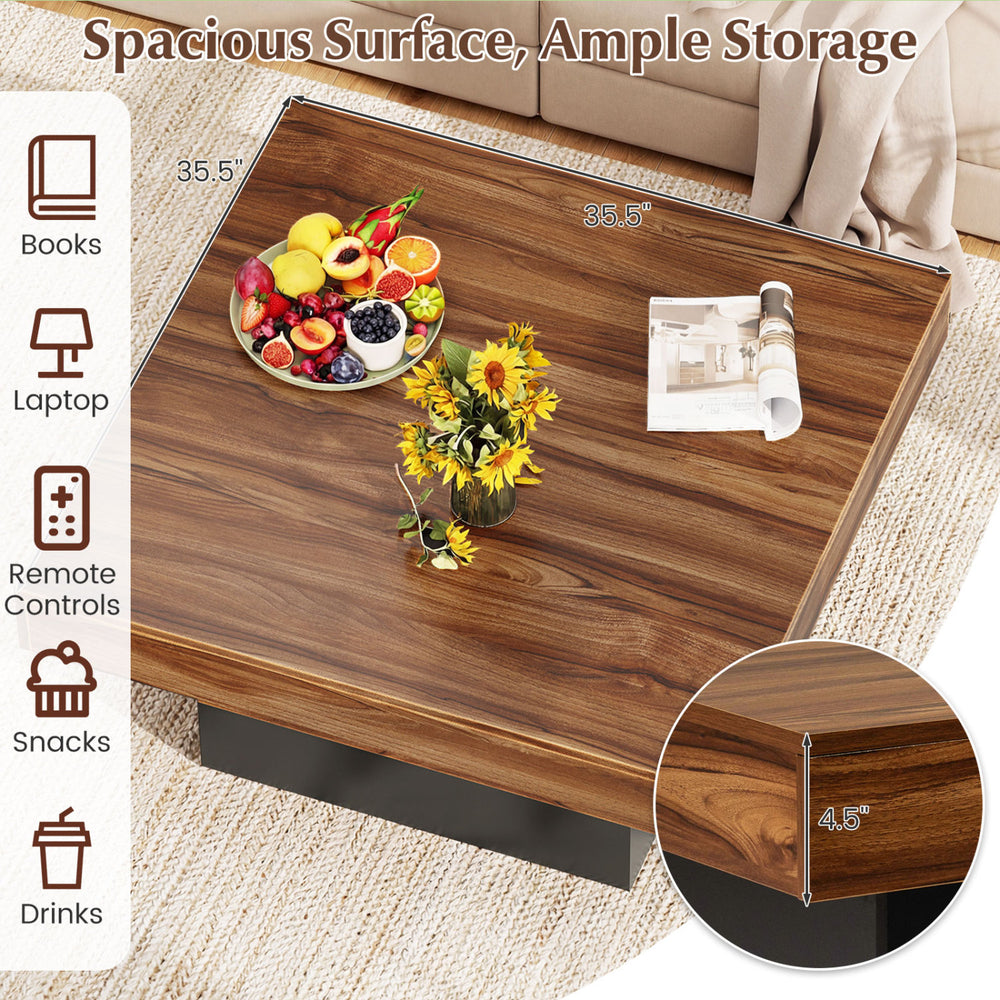 Rustic brown coffee table with spacious surface, LED lights, and storage for books and remote controls.