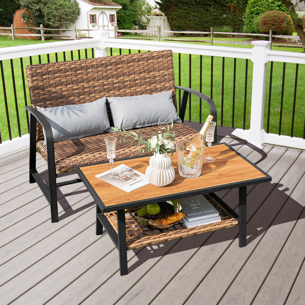 Patio rattan coffee table set with quick-dry cushions and a 2-tier table, perfect for outdoor relaxation.