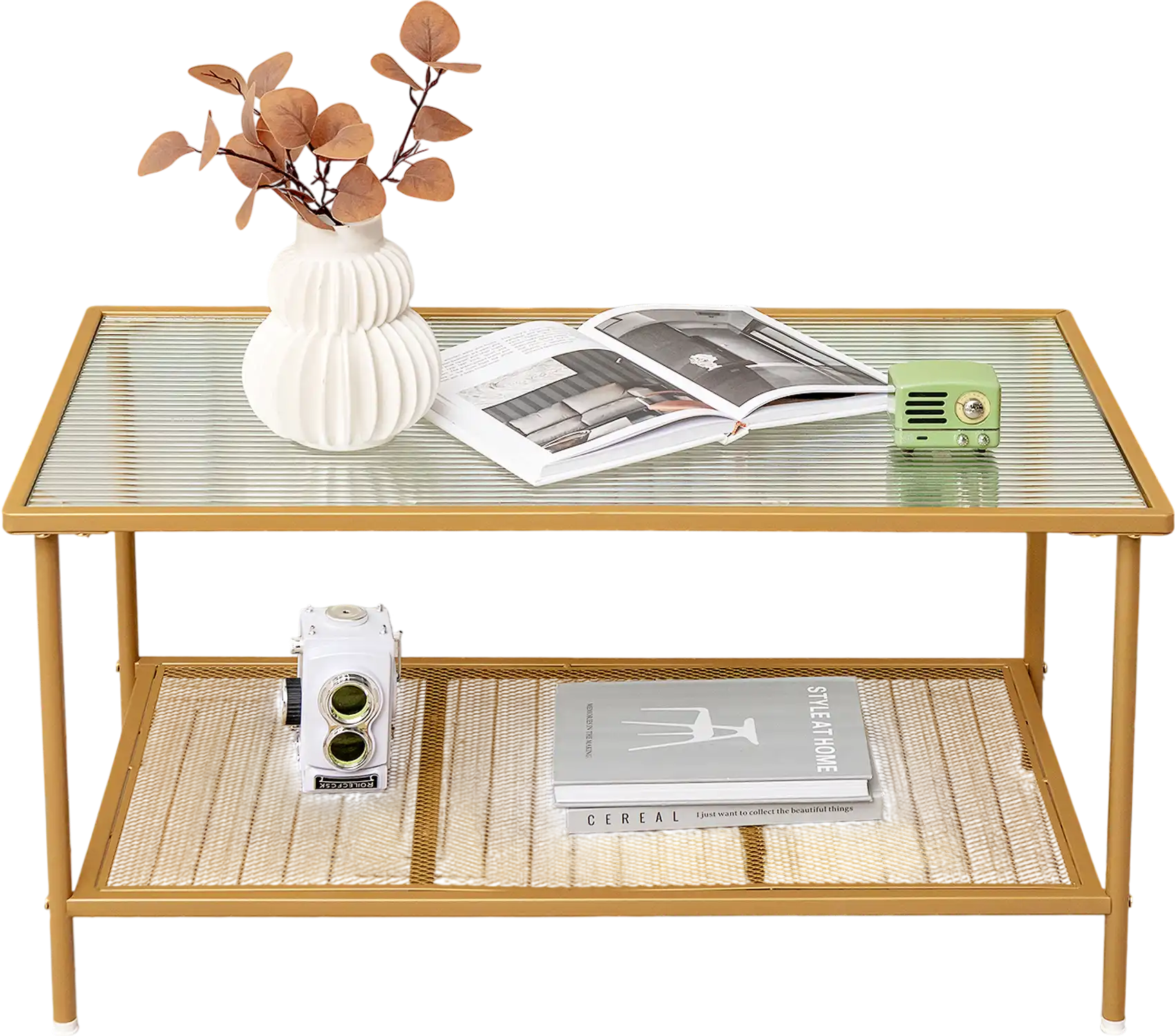 Costway 2-Tier Glass Top Coffee Table with Shelf Golden 18647293 New