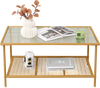 2-tier coffee table with tempered glass top in golden finish, featuring a stylish design and ample storage for home or.
