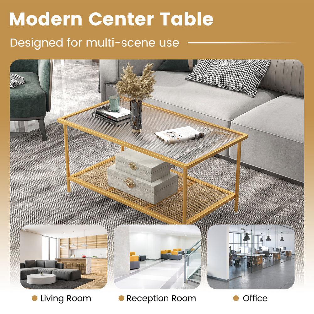 2-tier coffee table with tempered glass top in gold, perfect for living room or office use, featuring adjustable foot.