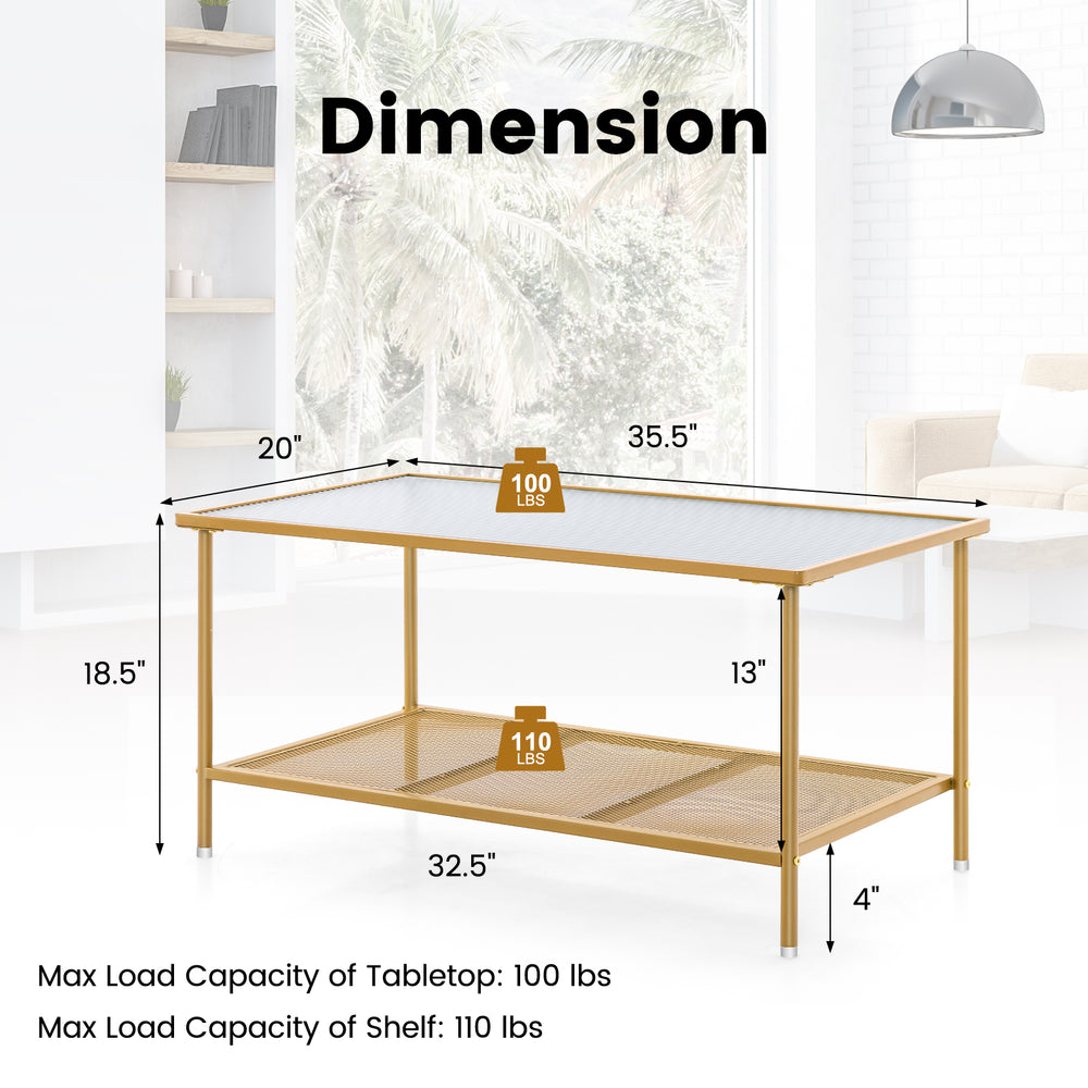 2-tier coffee table with golden frame and tempered glass top, featuring adjustable foot pads for stability and easy.