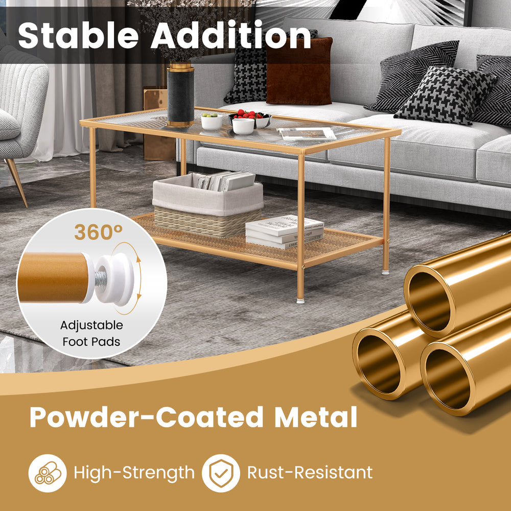 2-tier coffee table with tempered glass top, golden powder-coated metal, featuring adjustable foot pads for stability.