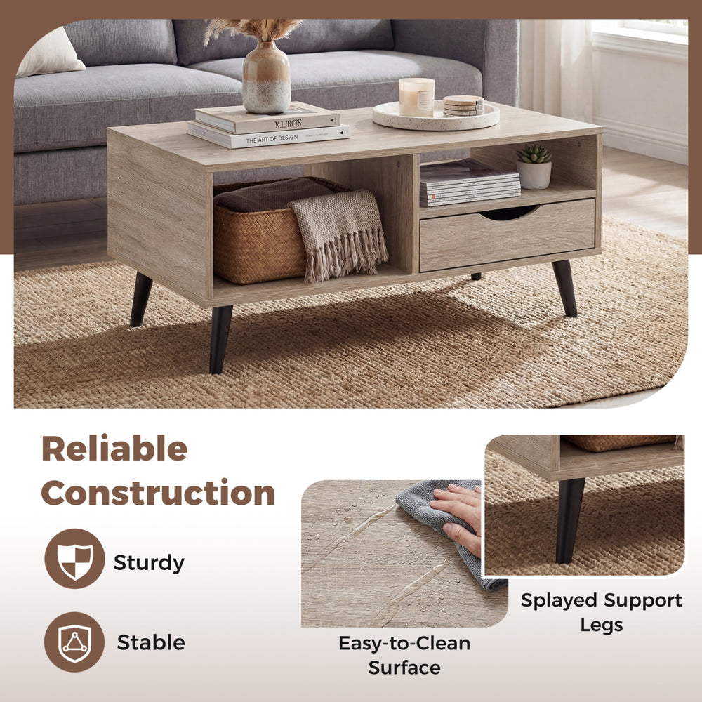 Rustic rectangle coffee table with storage, featuring splayed support legs and easy-to-clean surface for convenient use.