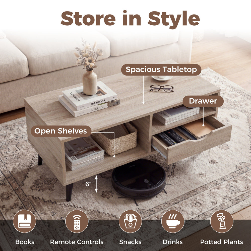 Rustic rectangle coffee table with storage, featuring open shelves, a drawer, and a spacious tabletop for versatile use.