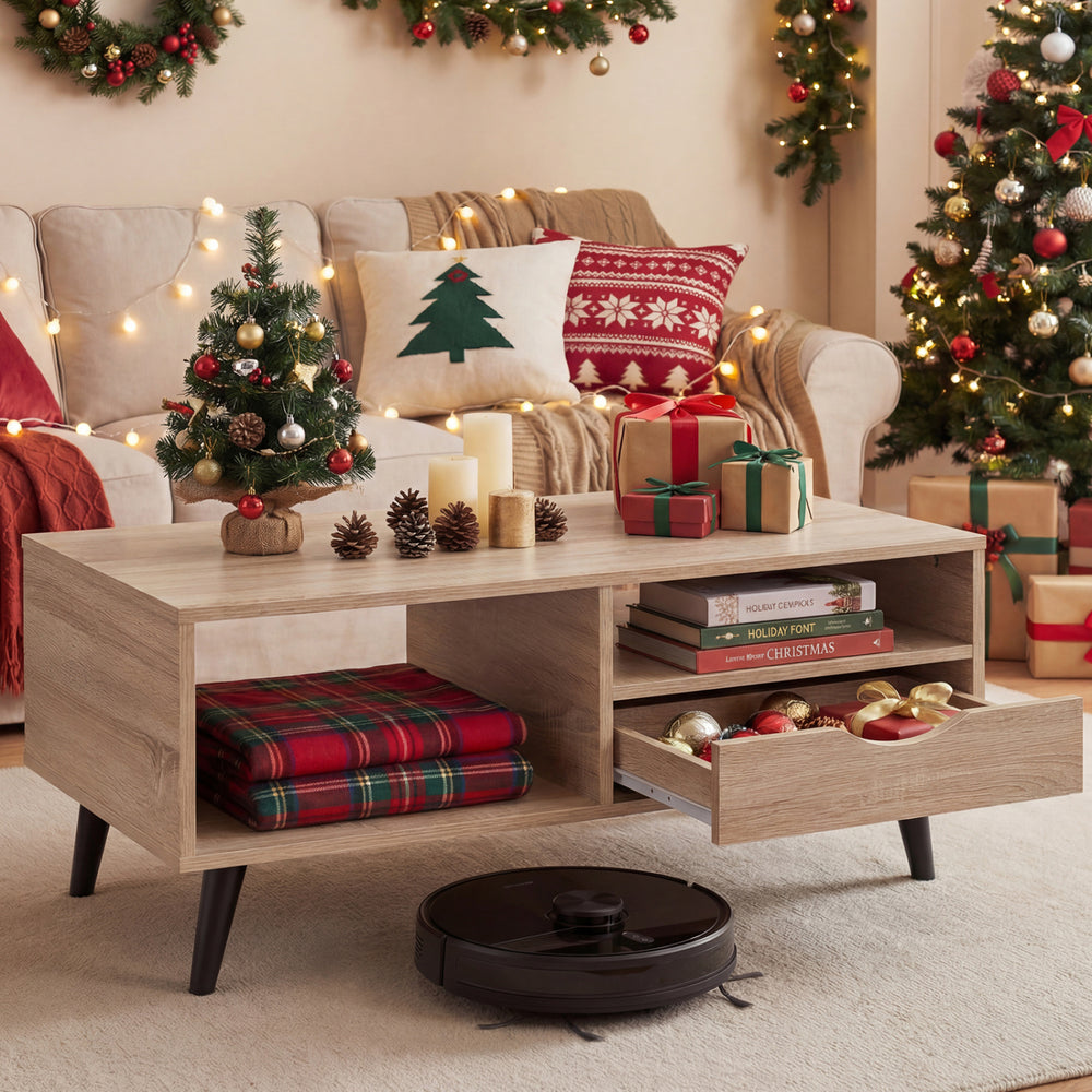 Rustic rectangle coffee table with storage, featuring open shelves and a drawer, perfect for living room organization.