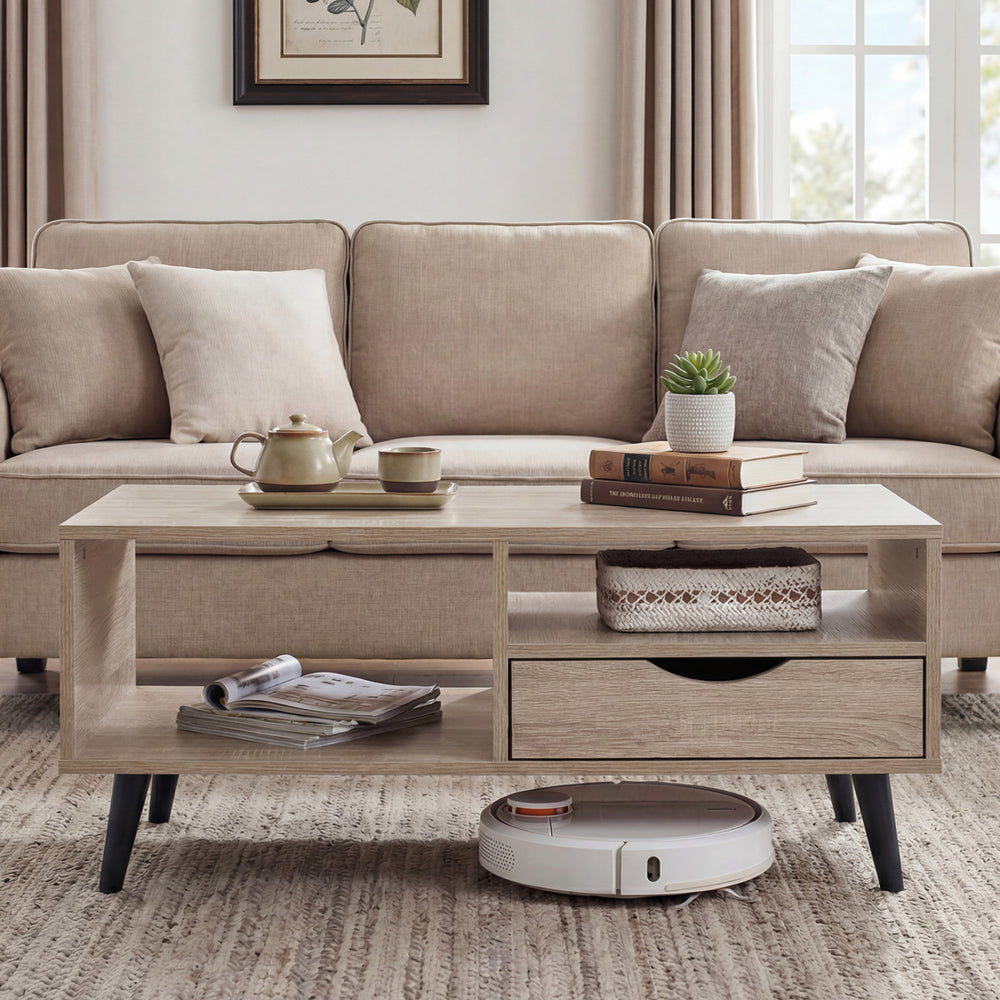 Rustic rectangle coffee table with storage, featuring open shelves, a drawer, and space for a robot vacuum cleaner.