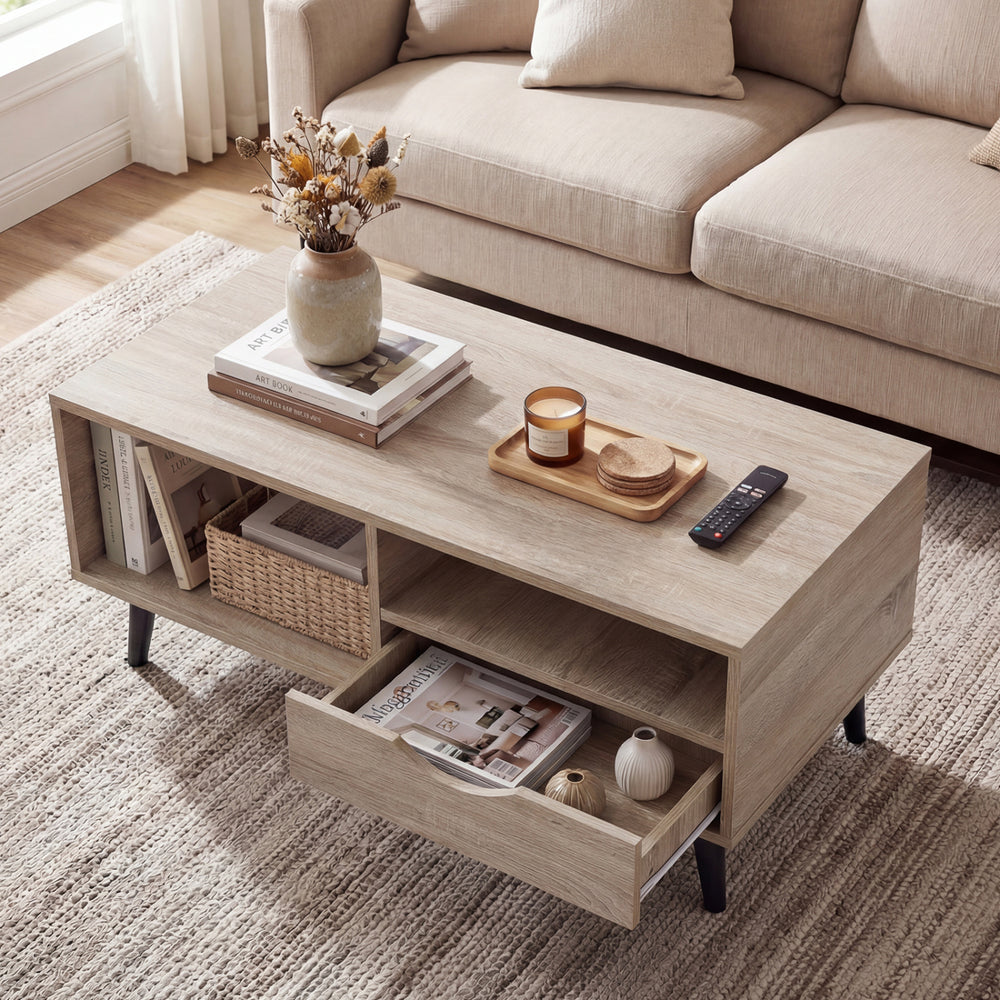 Rustic rectangle coffee table with spacious tabletop and open shelves, ideal for living room decor and storage.
