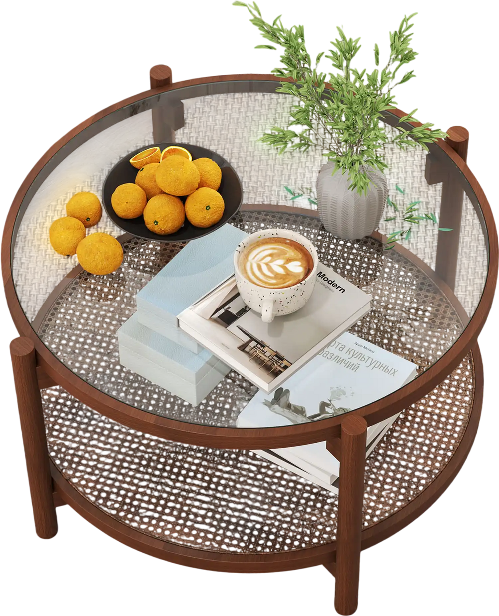 Round coffee table with tempered glass top and hand-woven rattan shelf, perfect for living room decor.