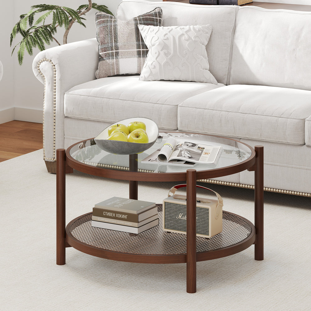 Round coffee table with a solid wood frame and elegant rattan shelf, perfect for stylish living room arrangements.