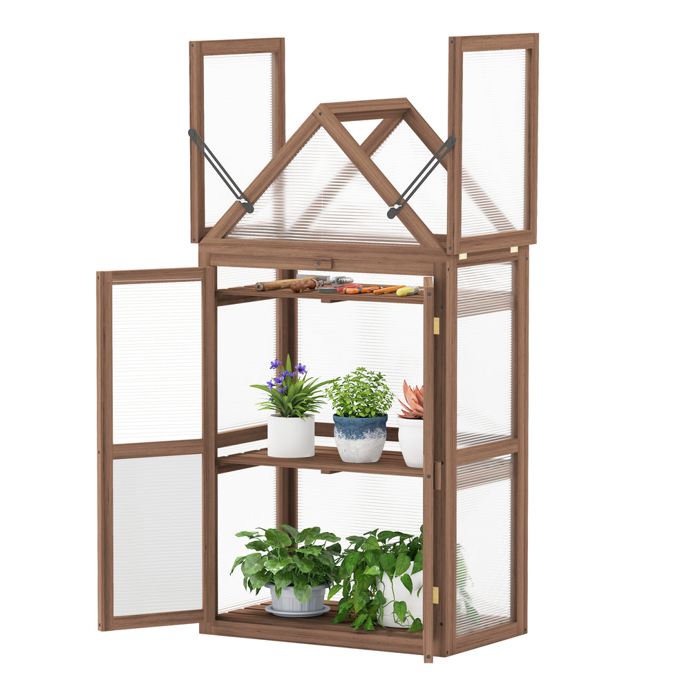 Mini wooden greenhouse with transparent panels, sloping roof, and three removable shelves for plant care and.