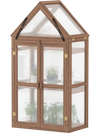 Mini wooden greenhouse with transparent polycarbonate panels, sloping roof, and three removable shelves for plant care.