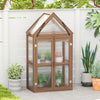Mini wooden greenhouse with transparent polycarbonate panels, sloping roof, and removable shelves for plant care.