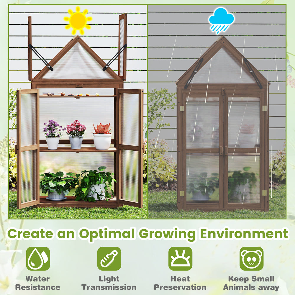 Cold frame mini wooden greenhouse showcasing a sloping roof design and double doors for optimal ventilation and rain.