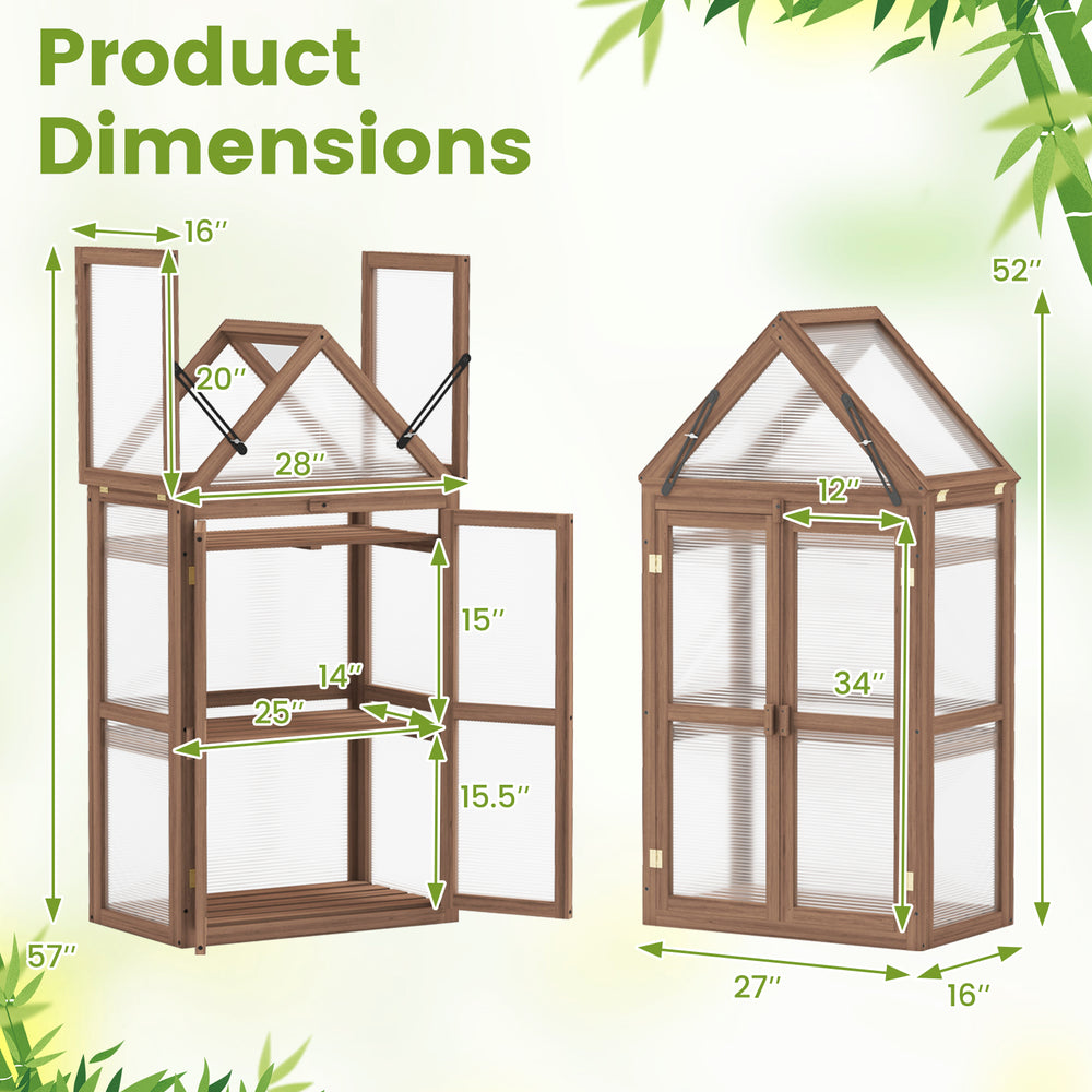 Cold frame mini wooden greenhouse with sloping roof, transparent panels, and three removable shelves for plant care.