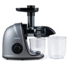 Cold press juicer machine in silver with 2-speed modes, 24 oz juice jug, and 34 oz pulp container for efficient juicing.