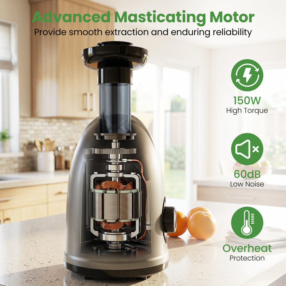 Cold press juicer machine showcasing advanced masticating motor, 150W power, and 95% juice yield for efficient.