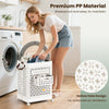 Collapsible 20-gallon white laundry basket with wheels, waterproof PP material, and hollow hole design for ventilation.