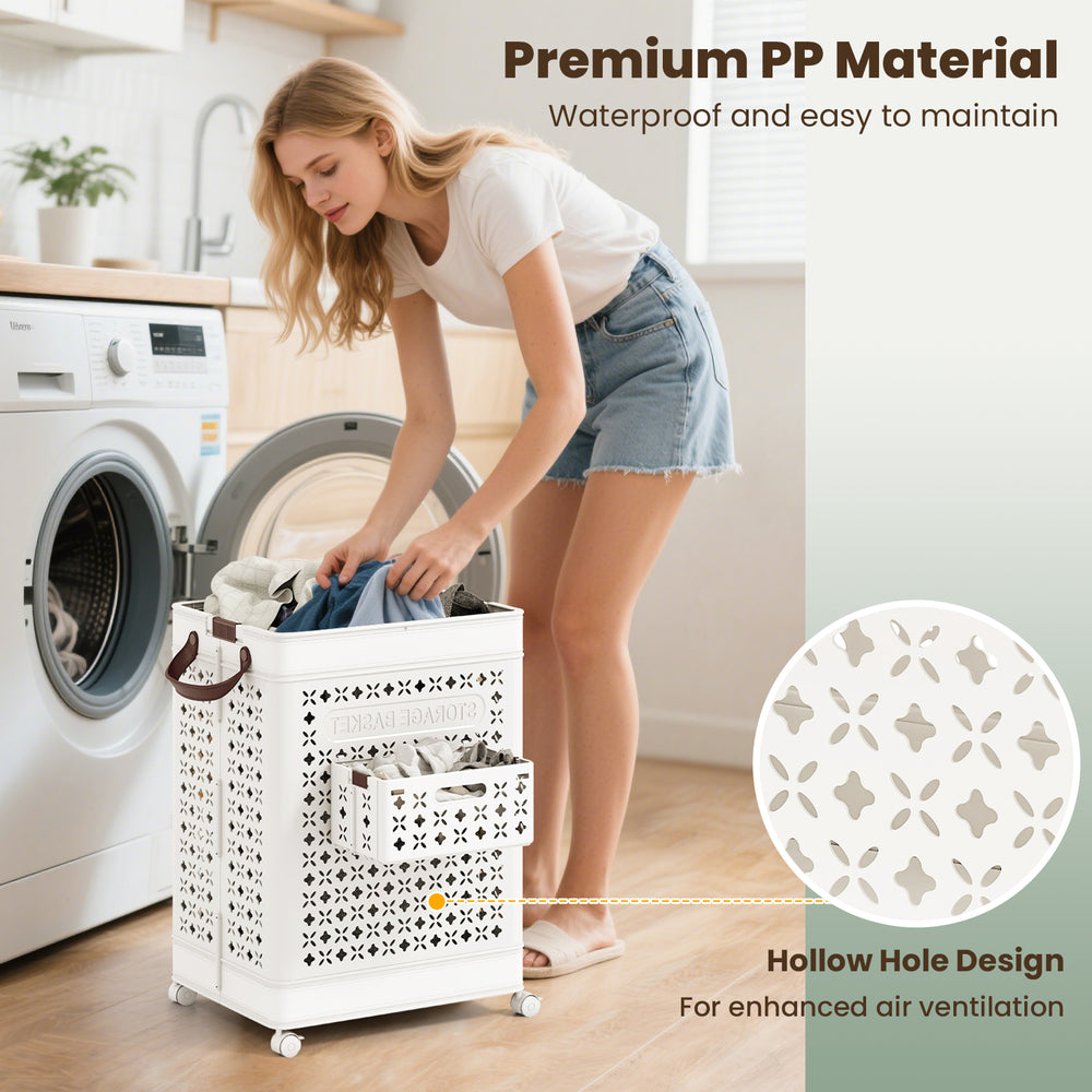 Collapsible 20-gallon white laundry basket with wheels, waterproof PP material, and hollow hole design for ventilation.