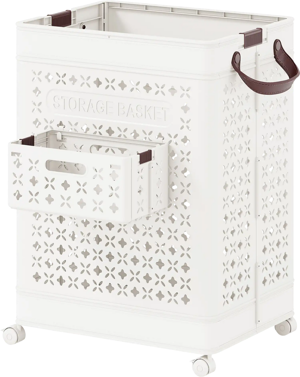 Collapsible laundry basket with a 20-gallon capacity, featuring a small hanging basket and wheels for easy mobility.