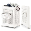 Collapsible white laundry basket with large and small storage options, featuring wheels for easy mobility and foldable.