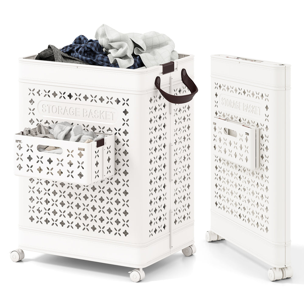 Collapsible white laundry basket with large and small storage options, featuring wheels for easy mobility and foldable.