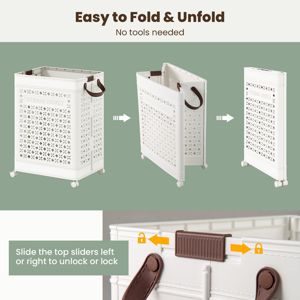Collapsible laundry basket in white, 20-gallon capacity, foldable design with wheels for easy mobility and storage.