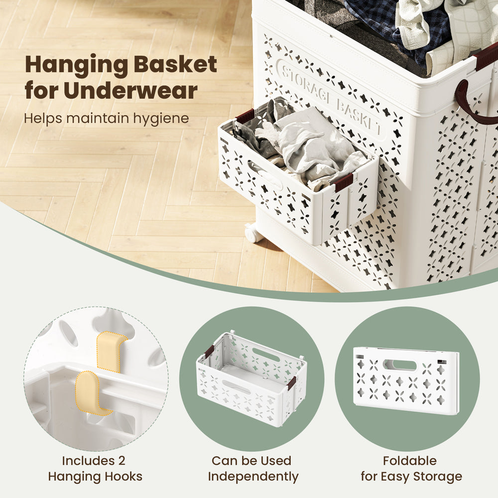 Collapsible laundry basket with a large bin and small hanging basket, made of waterproof PP material for versatile.