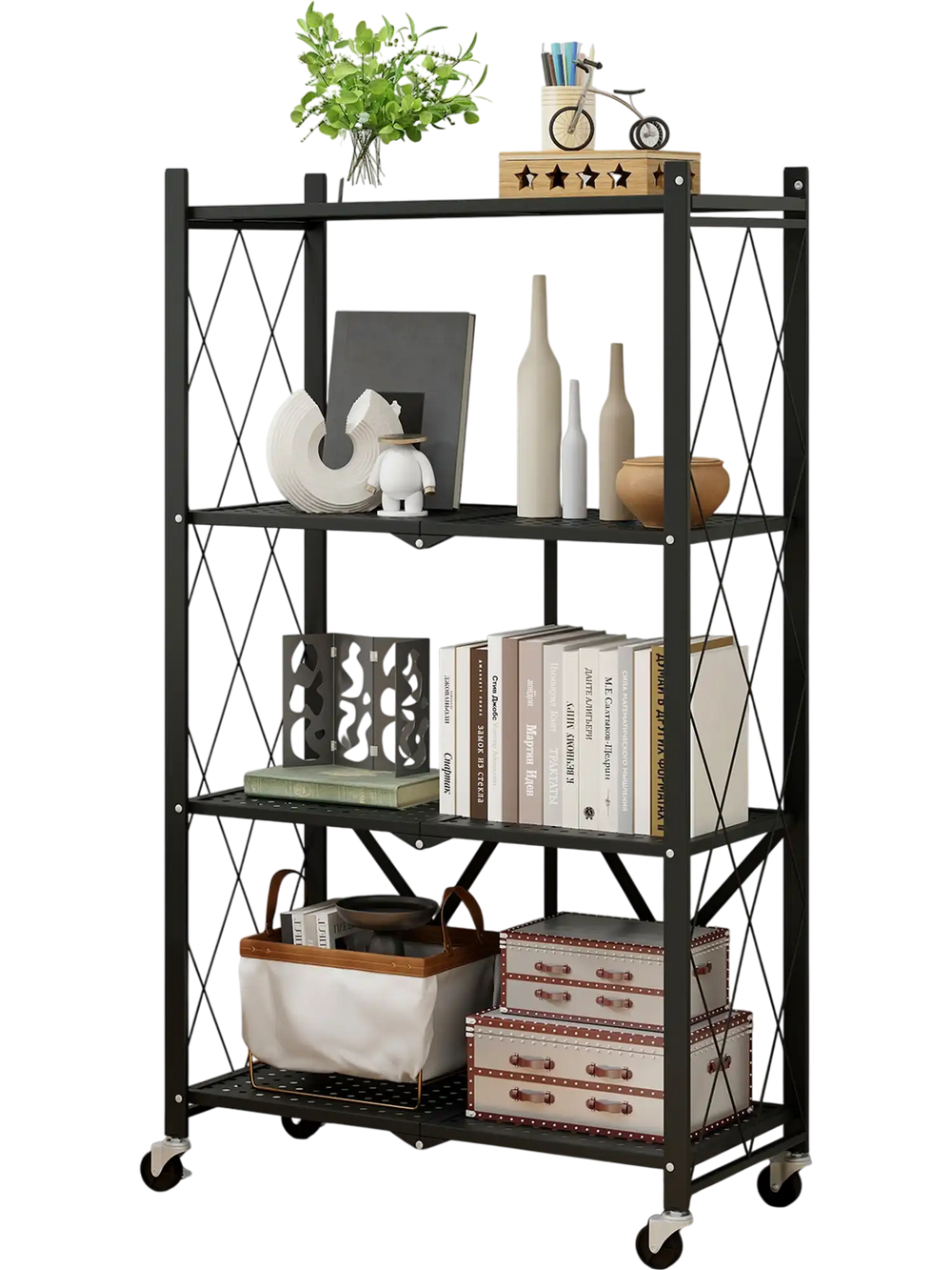 4-tier black foldable storage shelf with lockable wheels, ideal for organizing books, plants, or tools in any space.