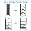 4-tier foldable storage shelf in black with lockable wheels, showcasing space-saving design and easy assembly features.